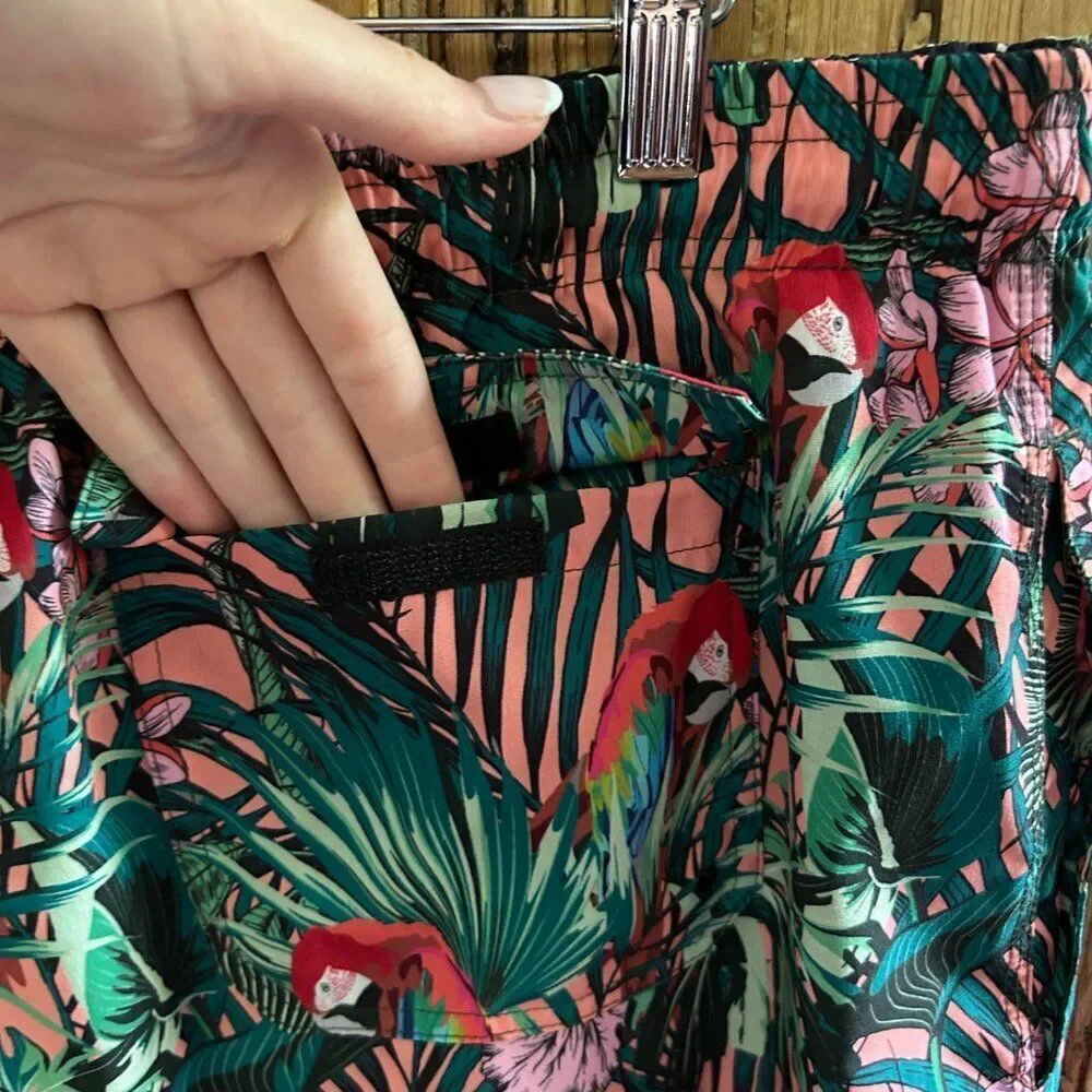 Men's Westport Black XL Tall Swim Trunks Board Shorts Tropical Green Pink Parrot